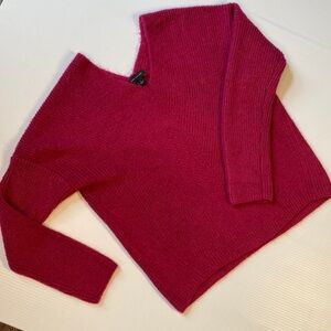 Ann Taylor Angle Ribbed Knit FUCHSIA super soft sweater v neck Small s